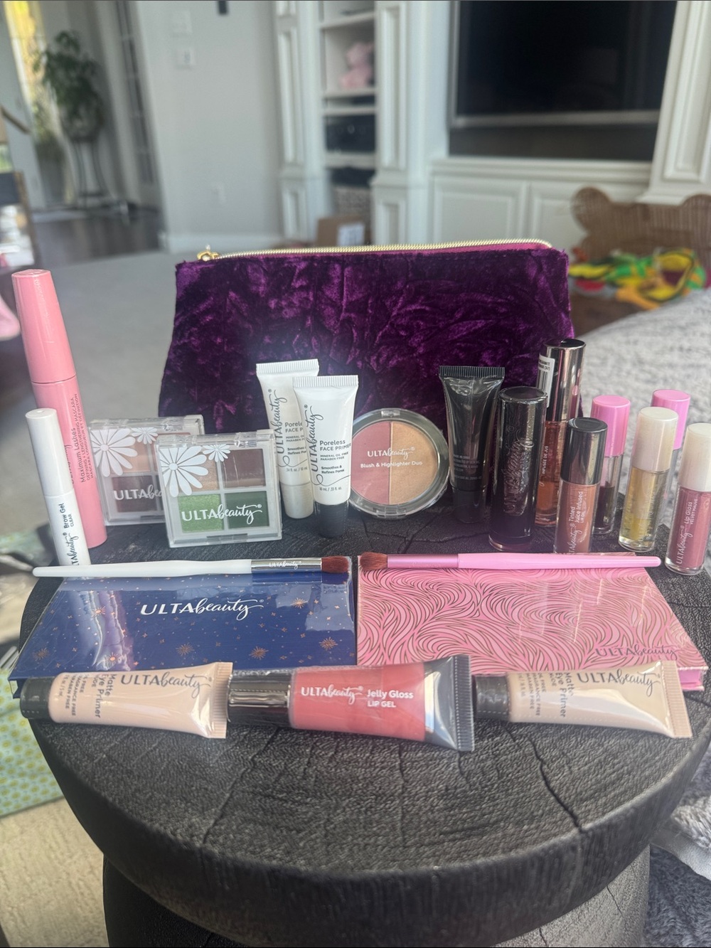 ULTA Beauty Purple Velvet Bag with Pink and Nude Lipsticks & Palettes
